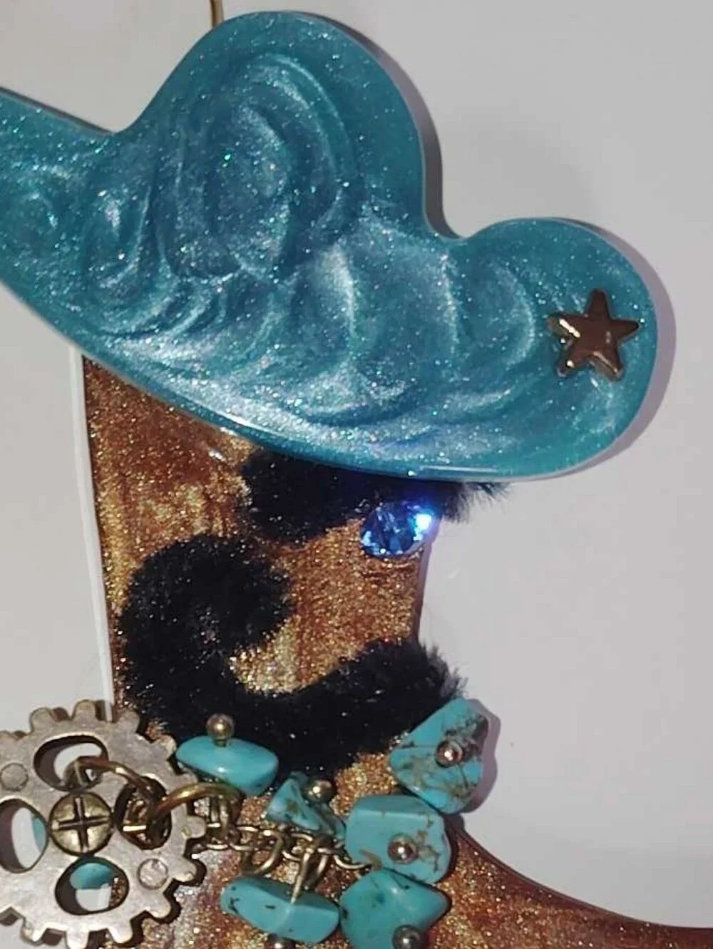 New Brown & Turquoise Resin Cowboy Boot Black Mustache Eyebrow Sparkle Blue Eye